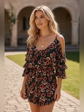 Rose Romper with Ruffles Off-Shoulder, Small Cottagecore